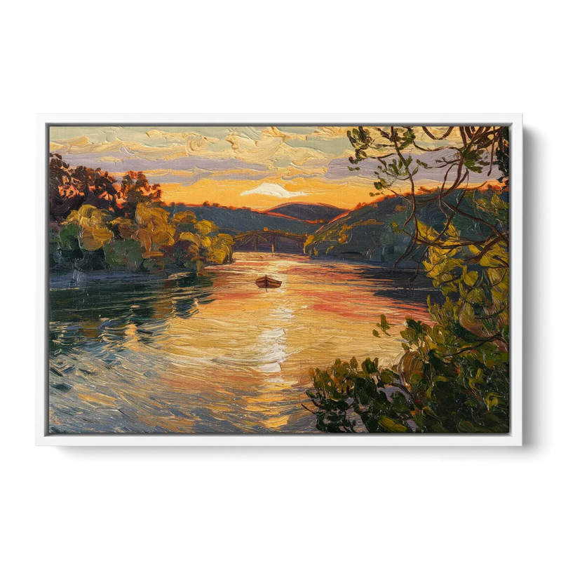 New Hope Delaware River Sunset - White Frame Canvas