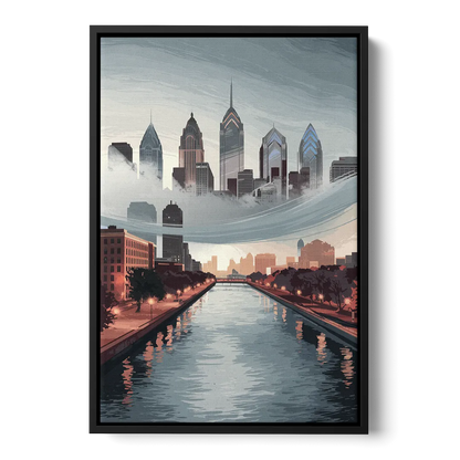 Philadelphia Skyline in Fog - Black Frame Canvas