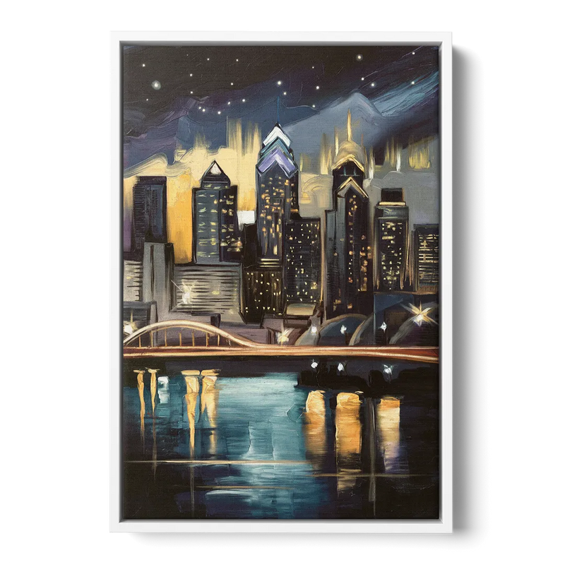 Philadelphia Skyline at Night - White Frame Canvas