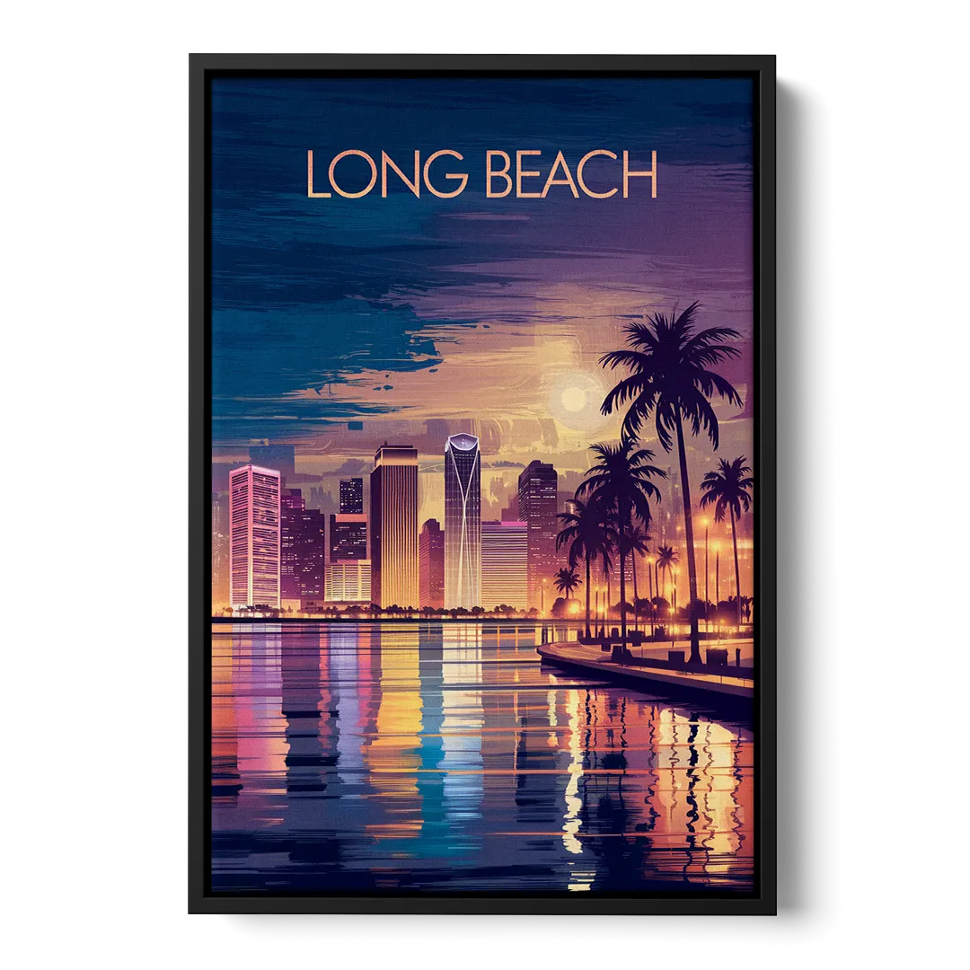 Long Beach Cityscape Evening Lights Nightscape - Black Frame Canvas