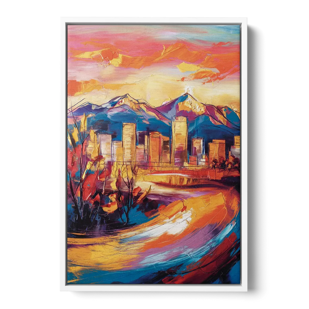 Colorado Springs Skyline Sunset - White Frame Canvas