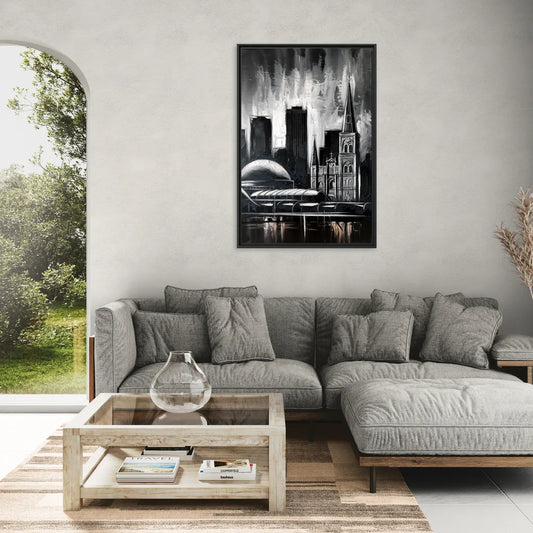 New Orleans Black and White Skyline - Living Room Black Frame Canvas
