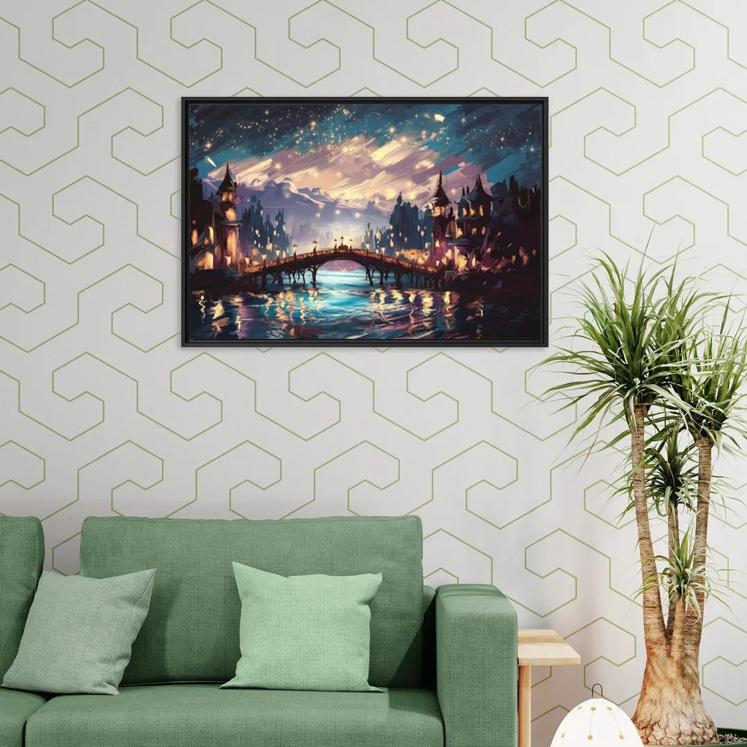 Mobile Nightscape Glow - Living Room Black Frame Canvas