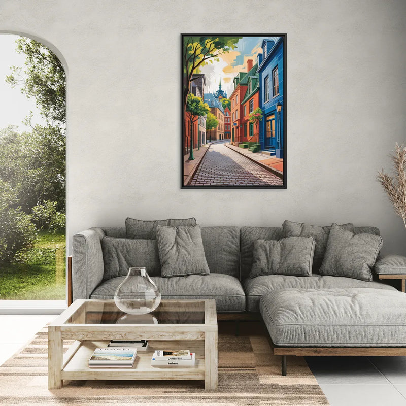 Quebec City Cobblestone Road - Living Room Black Frame Canvas