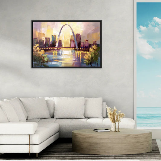 St. Louis Gateway Arch And City Lights - Living Room Black Frame Canvas