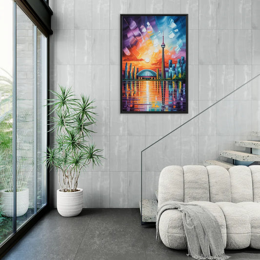CN Tower Sunset Watercolor - Living Room Black Frame Canvas