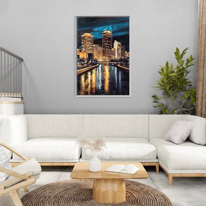 Oklahoma City Night Lights - Living Room White Frame Canvas