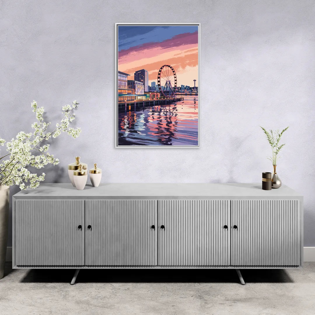Seattle Waterfront Scene - Living Room White Frame Canvas