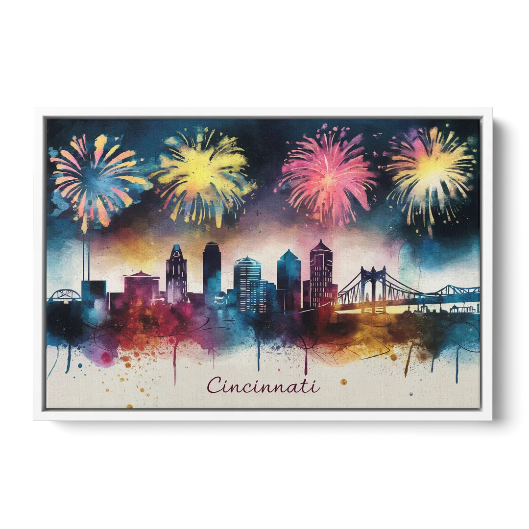 Cincinnati Skyline With Fireworks - White Frame Canvas
