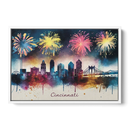 Cincinnati Skyline With Fireworks - White Frame Canvas