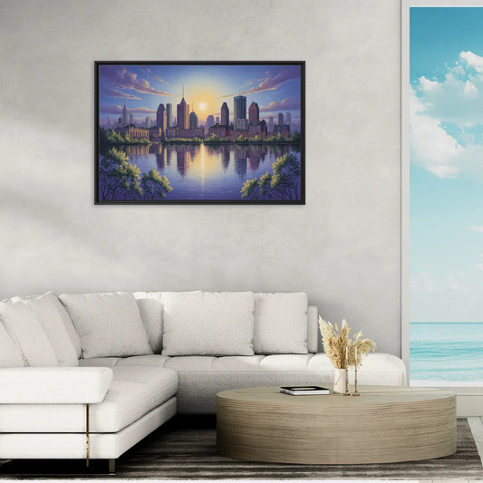 Montreal Skyline Reflections - Living Room Black Frame Canvas