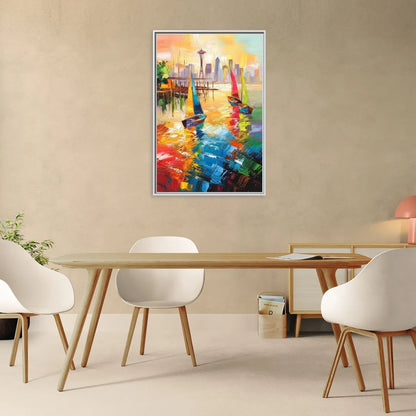 Seattle Waterfront Boats - Living Room White Frame Canvas