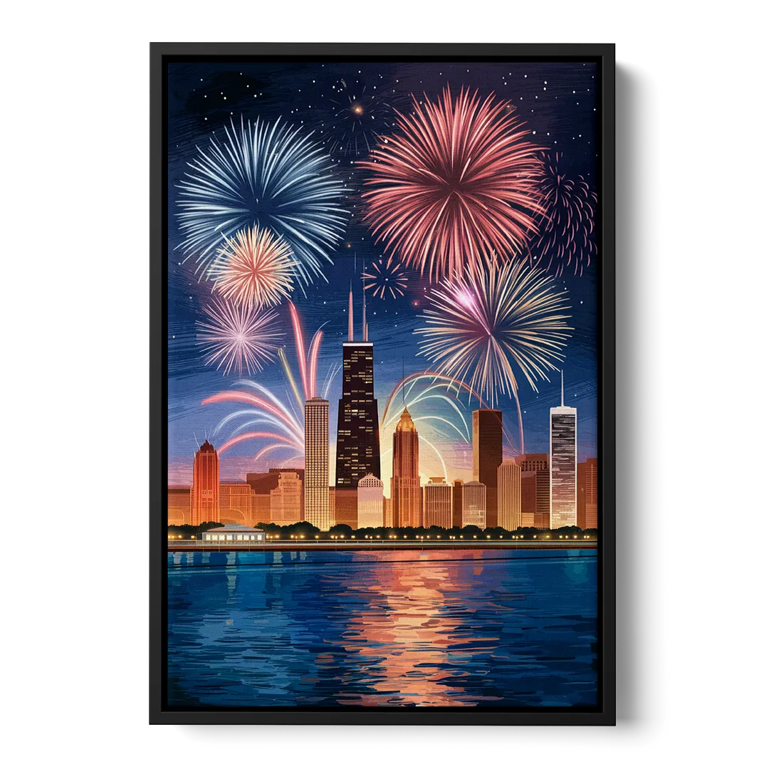 Chicago Skyline and Fireworks - Black Frame Canvas