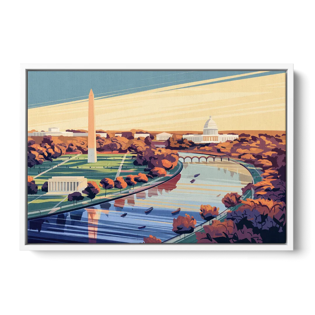 Washington Dc Aerial View - White Frame Canvas