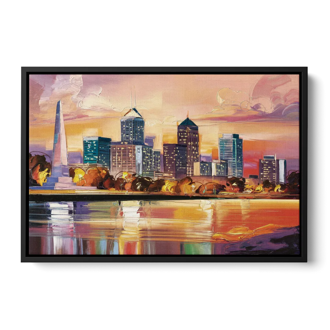 Indianapolis Skyline At Sunset - Black Frame Canvas