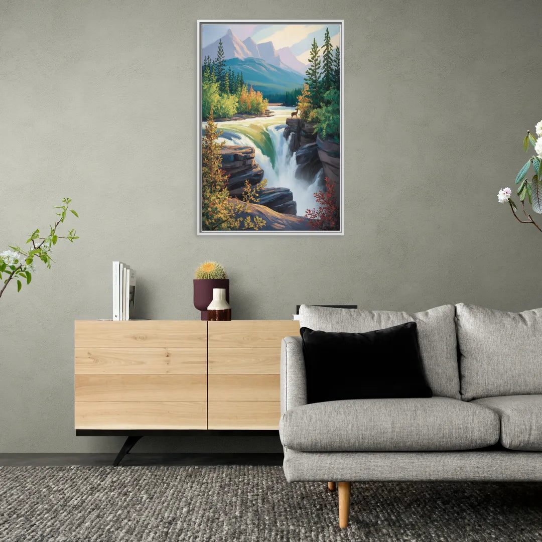 Athabasca Falls Majesty - Living Room White Frame Canvas