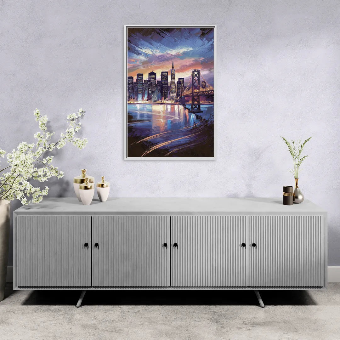 San Francisco Downtown Lights - Living Room White Frame Canvas