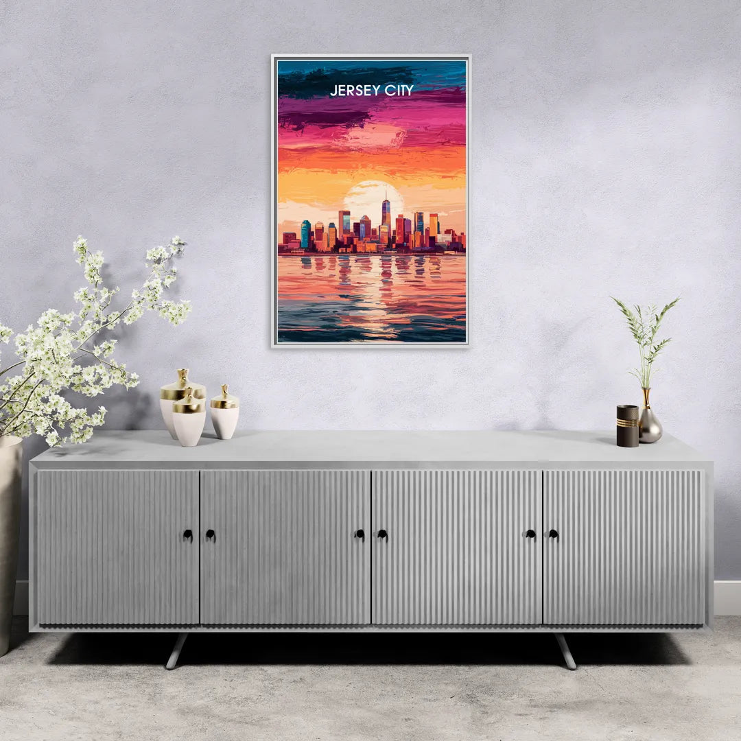 Jersey City Skyline Sunset - Living Room White Frame Canvas