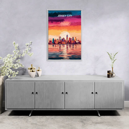 Jersey City Skyline Sunset - Living Room White Frame Canvas