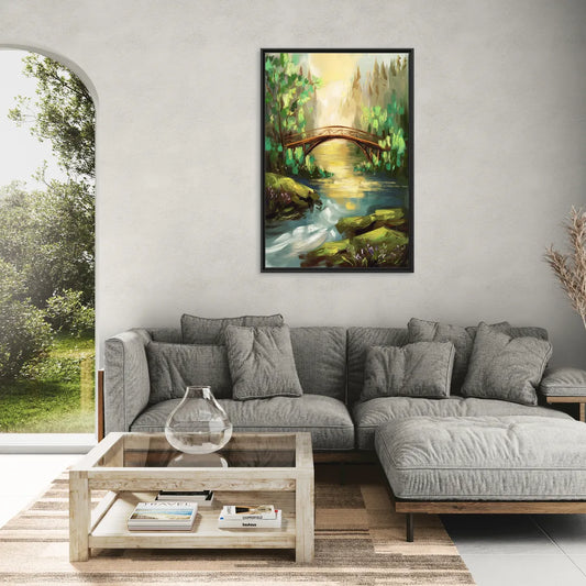 Gatlinburg River and Bridge Scene - Living Room Black Frame Canvas