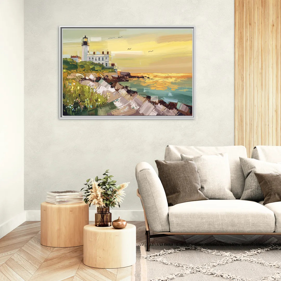 Galveston Lighthouse View - Living Room White Frame Canvas