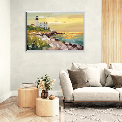Galveston Lighthouse View - Living Room White Frame Canvas