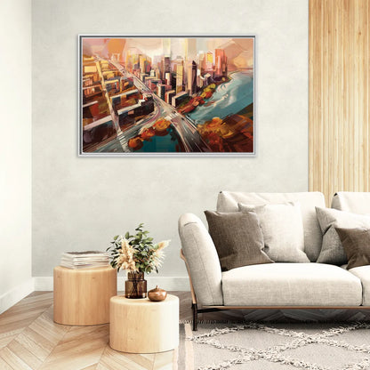 Boston City Streets Aerial View - Living Room White Frame Canvas