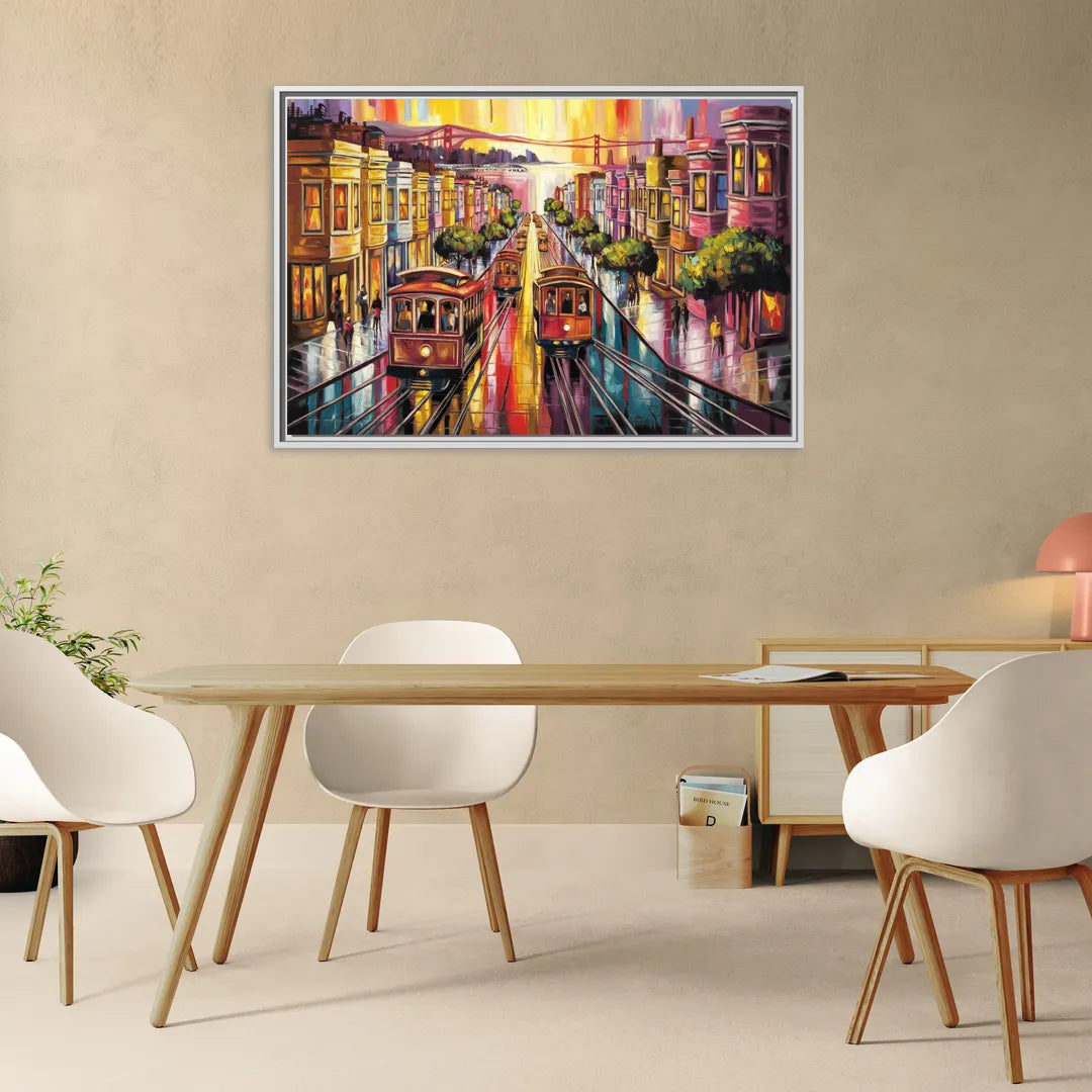 San Francisco Vibrant Streets - Living Room White Frame Canvas