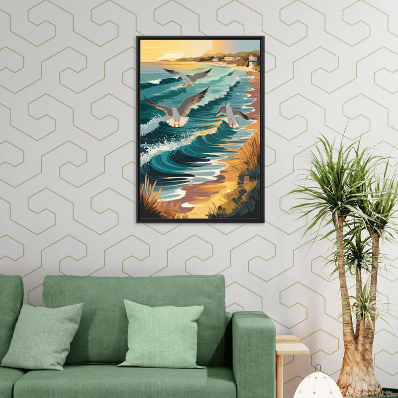 Cape May Seagulls in Flight - Living Room Black Frame Canvas