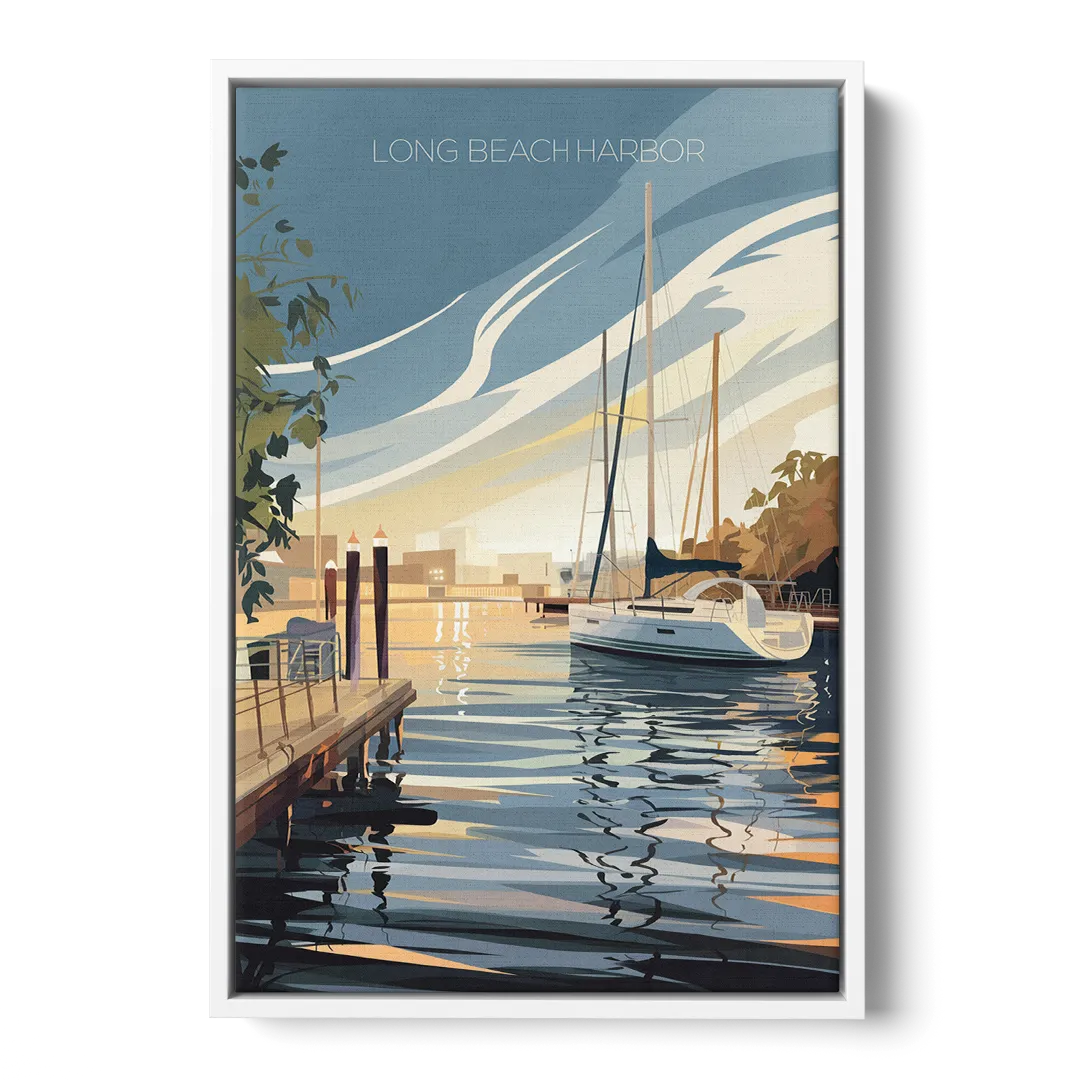 Long Beach Harbor and Sailboats - White Frame Canvas