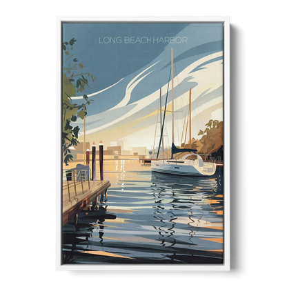 Long Beach Harbor and Sailboats - White Frame Canvas