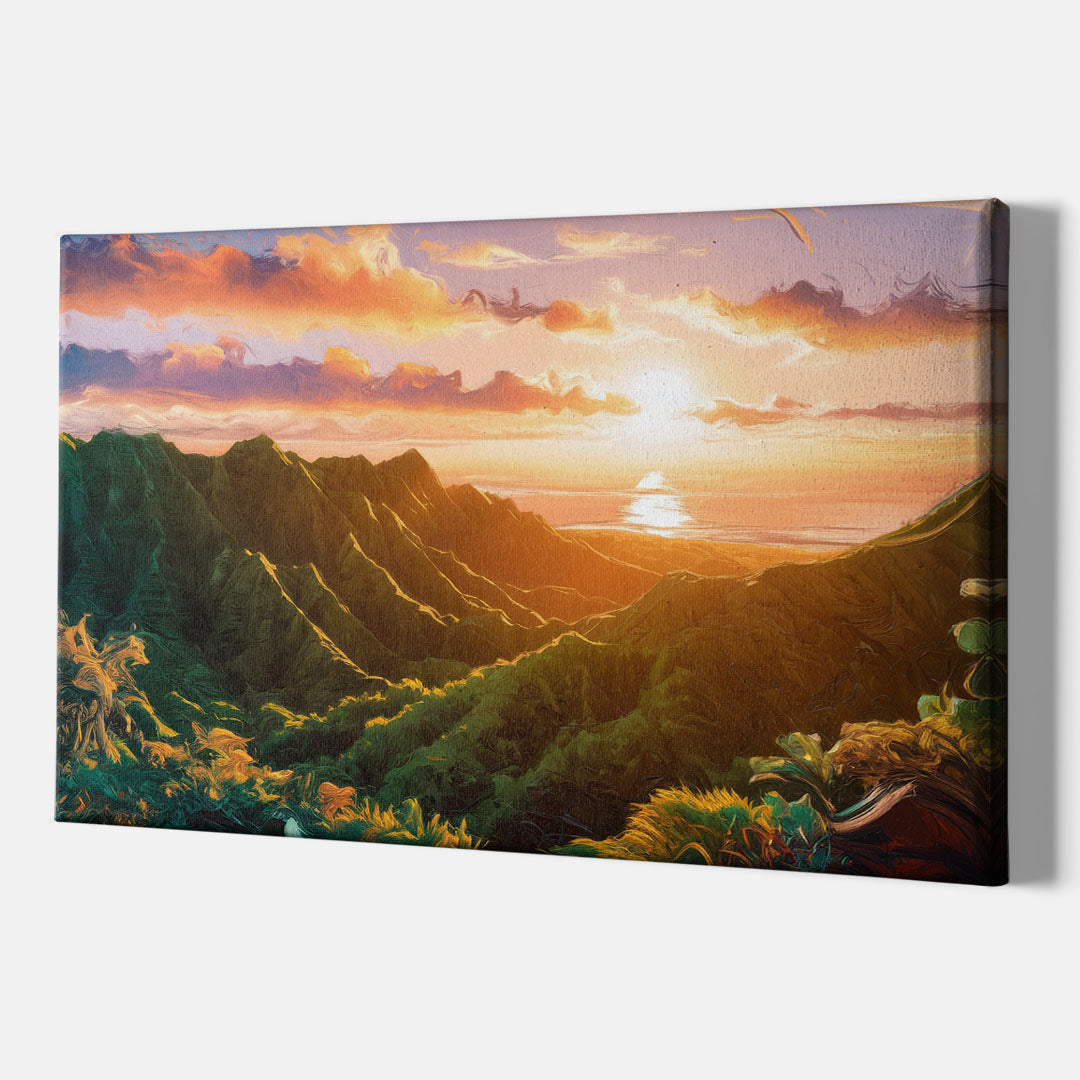 Honolulu Sunset Over Mountains - Canvas Wall Art Indoor