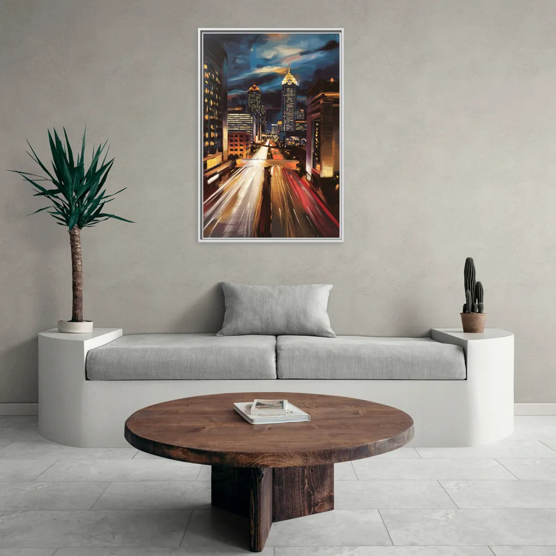 Atlanta Cityscape at Night - Living Room White Frame Canvas