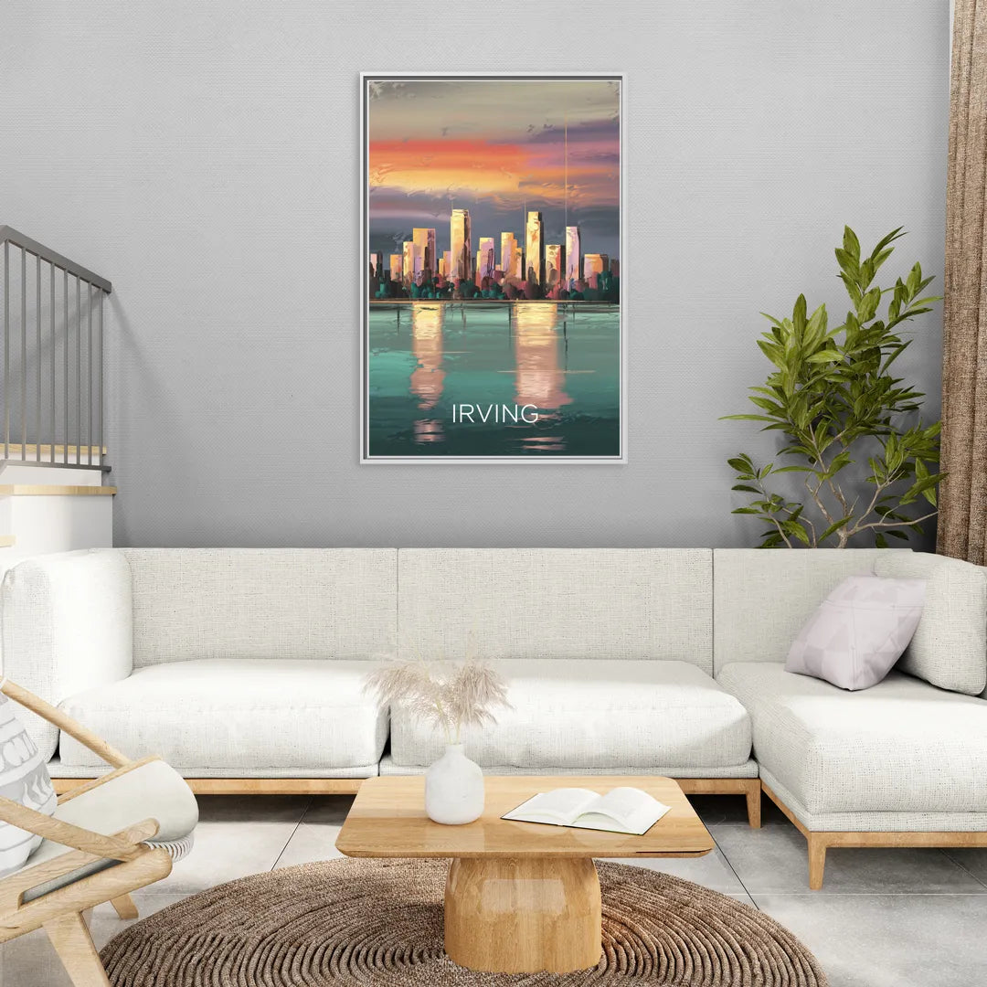 Irving Skyline Reflection - Living Room White Frame Canvas