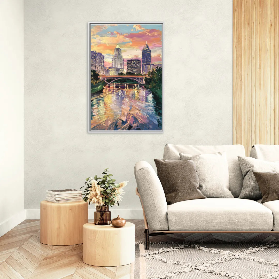 Columbus Scioto River View - Living Room White Frame Canvas