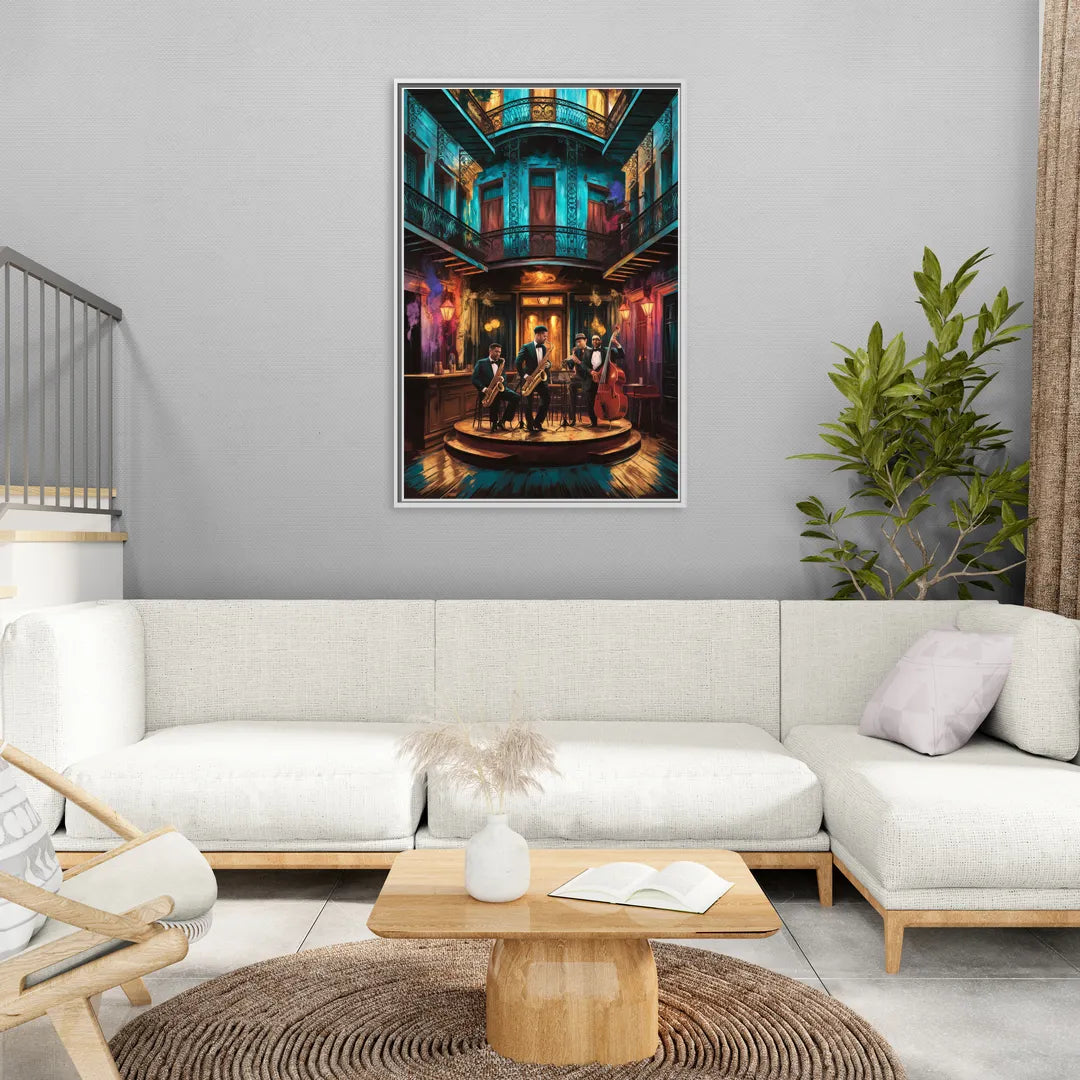 New Orleans Jazz Club Scene - Living Room White Frame Canvas