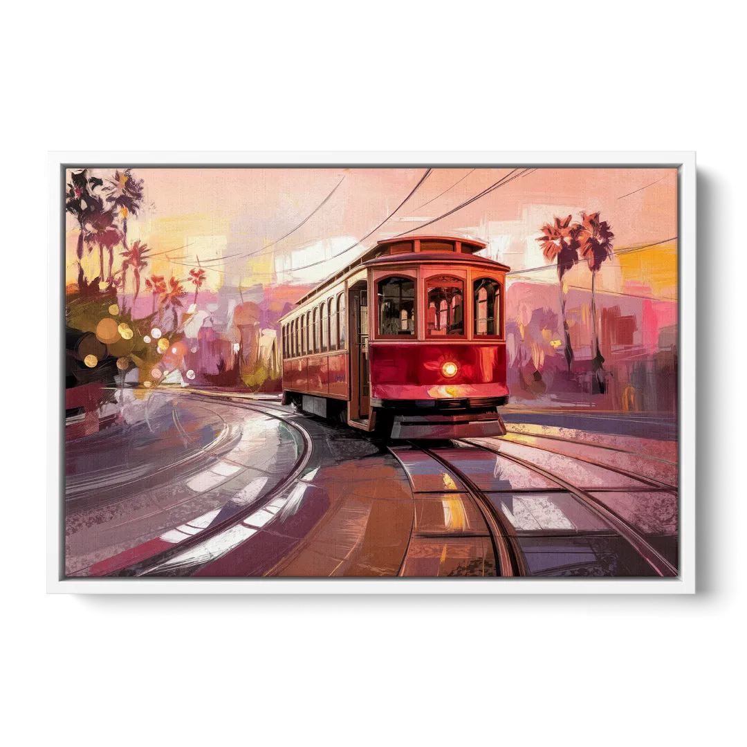 San Diego Trolley At Sunset - White Frame Canvas