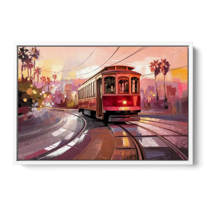 San Diego Trolley At Sunset - White Frame Canvas