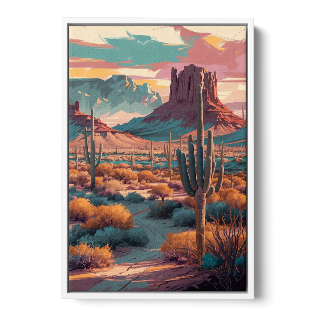 Tucson Cactus Landscape - White Frame Canvas