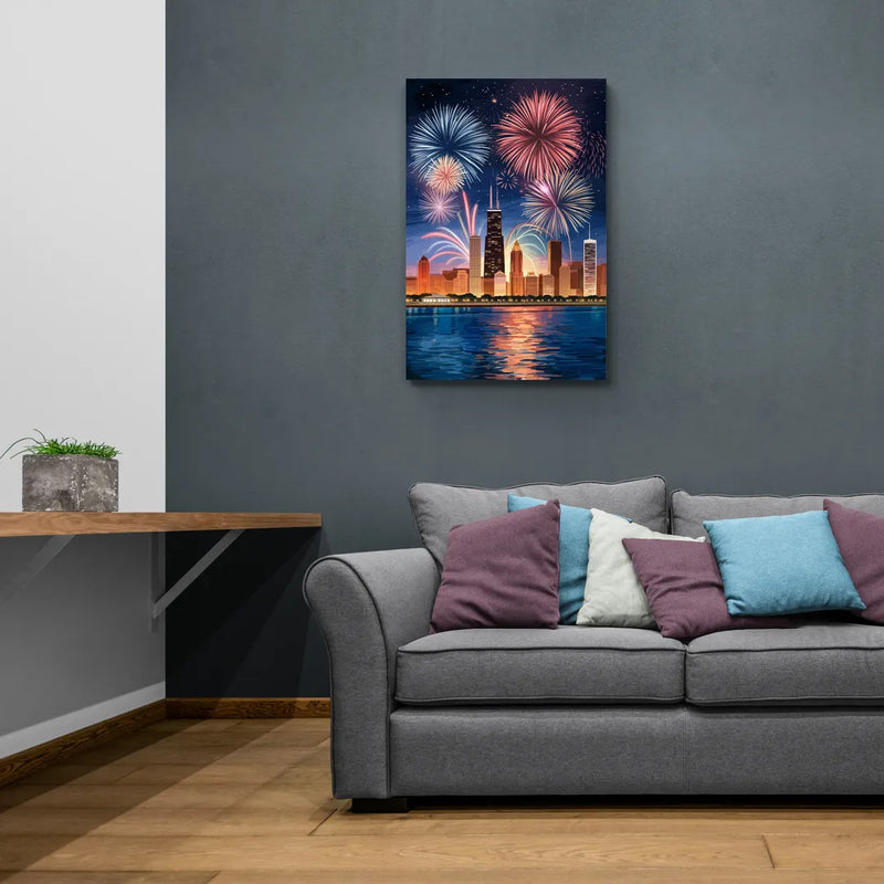 Chicago Skyline and Fireworks - Canvas Wall Art Living Room