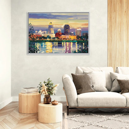 Greensboro Cityscape Panorama - Living Room White Frame Canvas