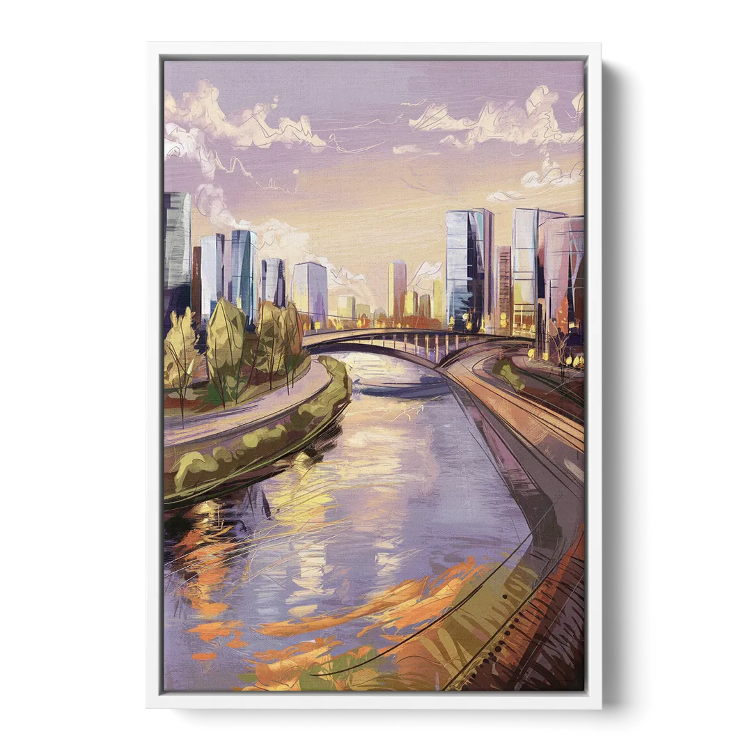 Riverside Urban Landscape - White Frame Canvas