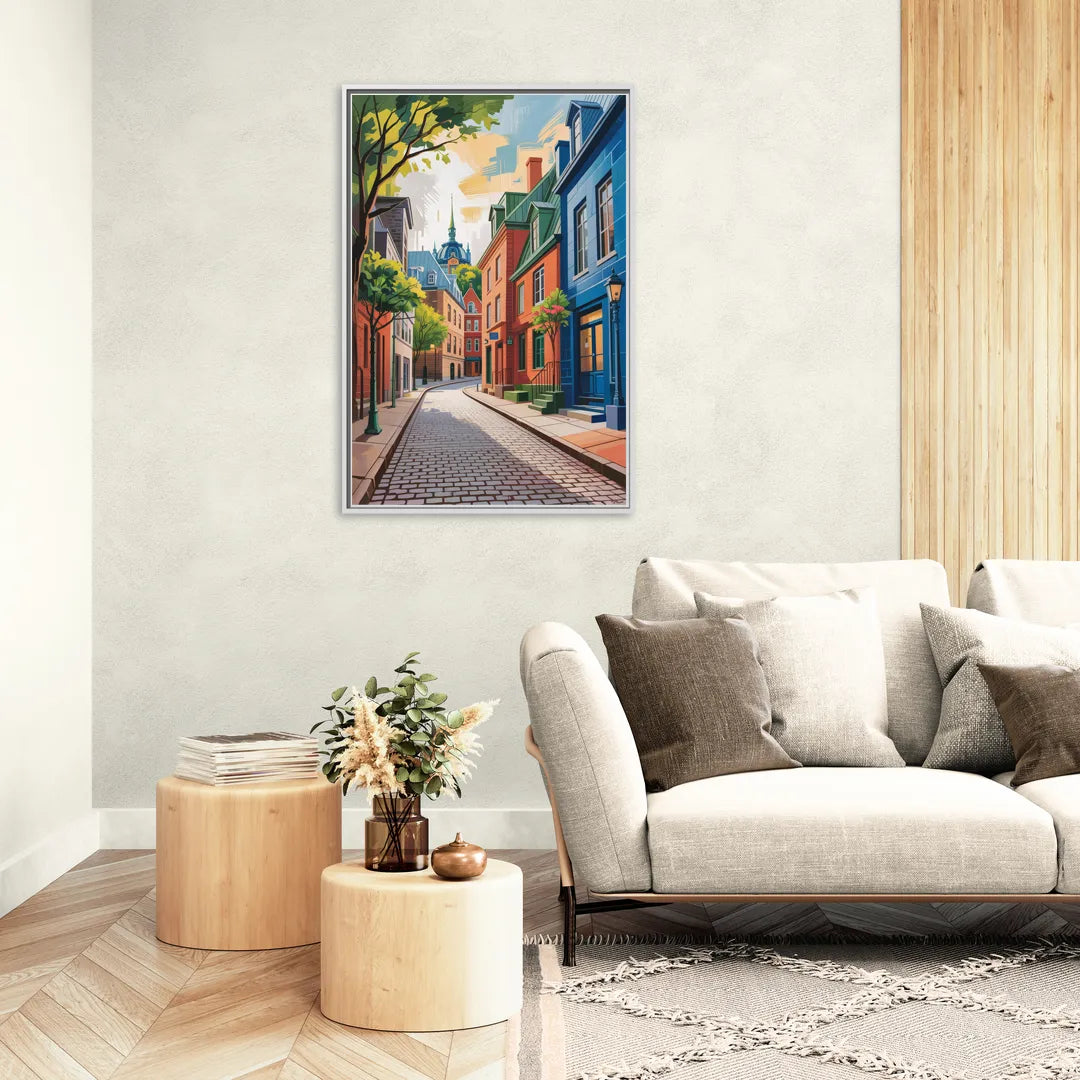 Quebec City Cobblestone Road - Living Room White Frame Canvas