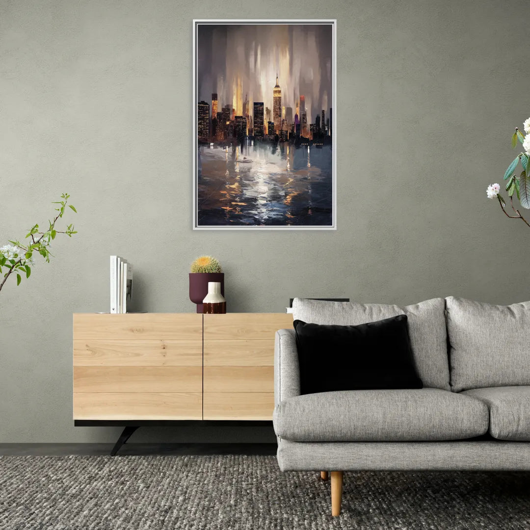 New York City Foggy Skyline Contrast Night - Living Room White Frame Canvas