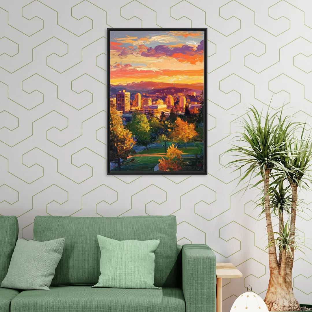Eugene Skyline at Sunset - Living Room Black Frame Canvas