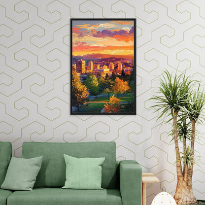Eugene Skyline at Sunset - Living Room Black Frame Canvas