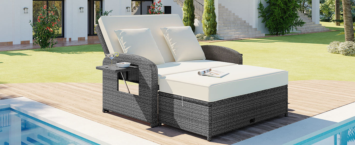 Elegant PE Wicker Double Chaise Lounge - 2-Person Patio Daybed with Recliner