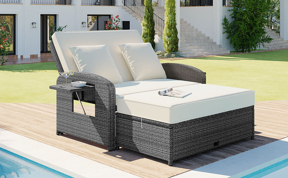 Elegant PE Wicker Double Chaise Lounge - 2-Person Patio Daybed with Recliner