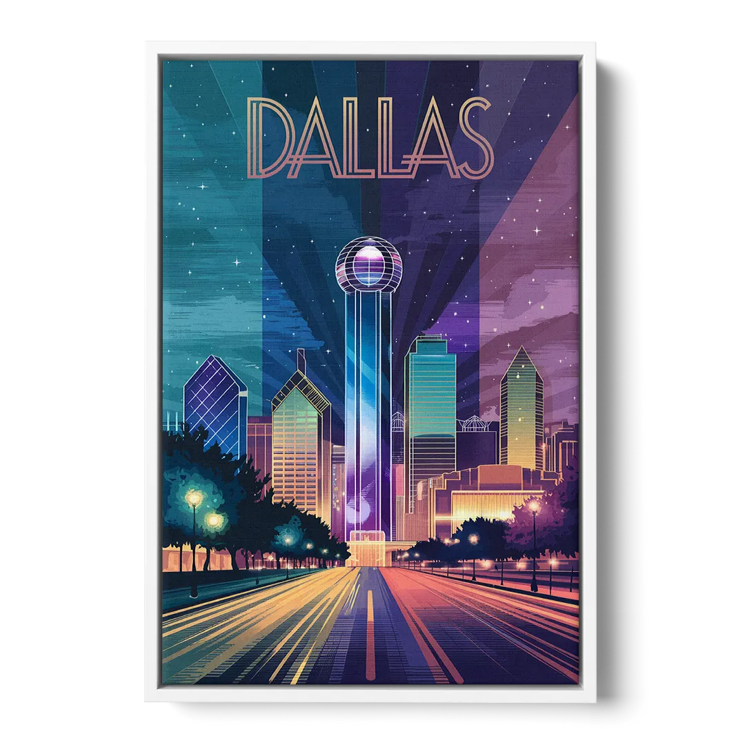 Dallas Night Lights - White Frame Canvas