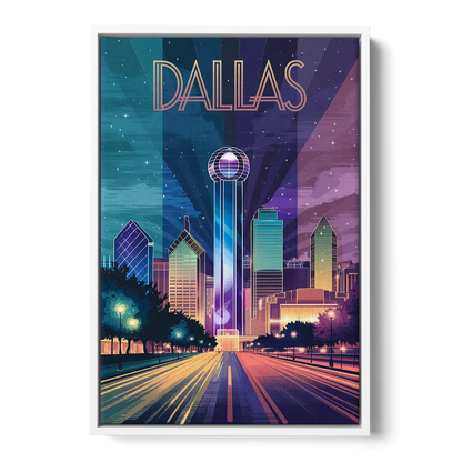 Dallas Night Lights - White Frame Canvas